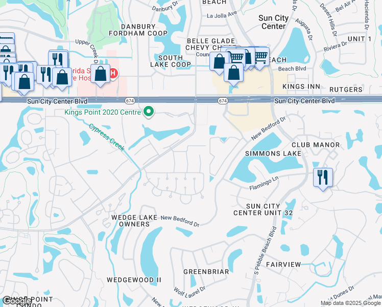 map of restaurants, bars, coffee shops, grocery stores, and more near 201 Bedford Street in Sun City Center