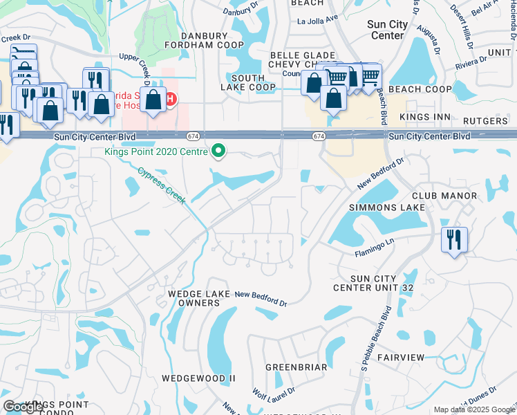map of restaurants, bars, coffee shops, grocery stores, and more near 201 Bedford Trail in Sun City Center