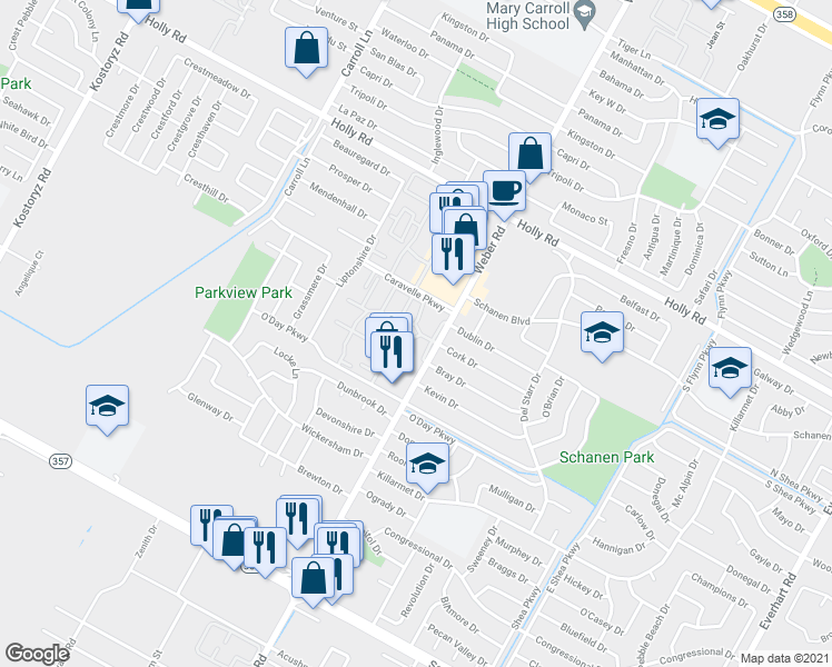 map of restaurants, bars, coffee shops, grocery stores, and more near 5901 Weber Road in Corpus Christi