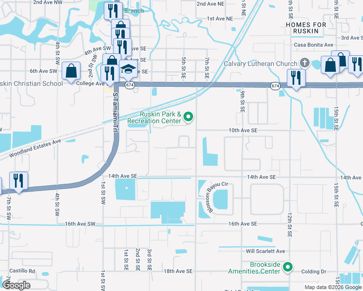 map of restaurants, bars, coffee shops, grocery stores, and more near 1101 Lauren Manor Loop in Ruskin