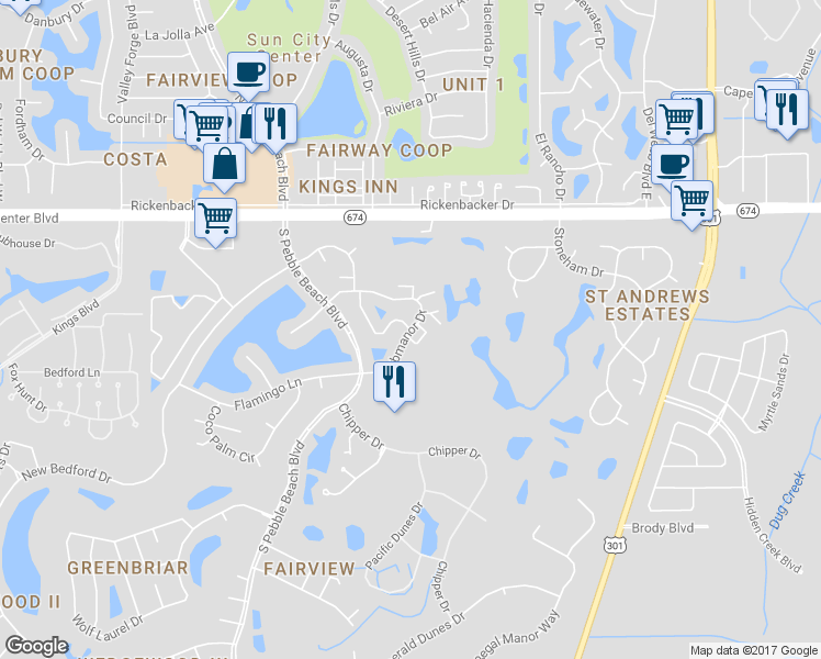 map of restaurants, bars, coffee shops, grocery stores, and more near 382 Green Manor Drive in Sun City Center