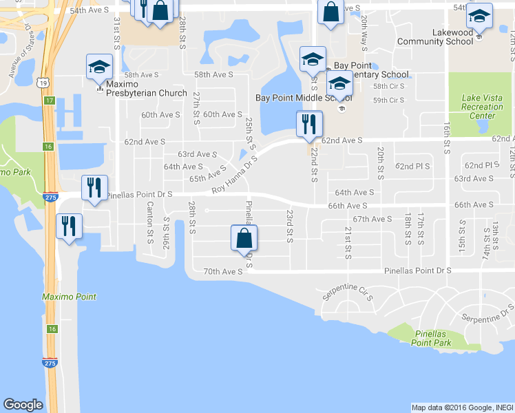 map of restaurants, bars, coffee shops, grocery stores, and more near 2483 66th Terrace South in St. Petersburg