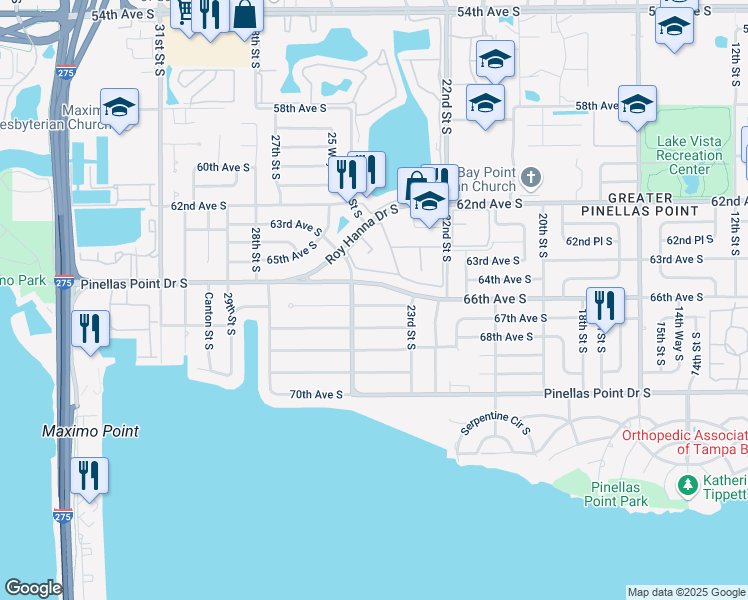 map of restaurants, bars, coffee shops, grocery stores, and more near 2480 66th Terrace South in St. Petersburg