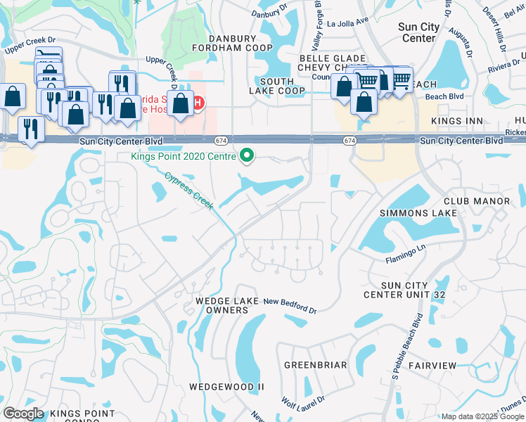 map of restaurants, bars, coffee shops, grocery stores, and more near 205 Kings Boulevard in Ruskin