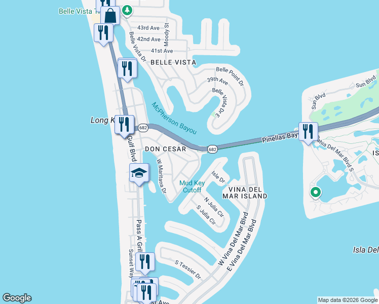 map of restaurants, bars, coffee shops, grocery stores, and more near 3213 East Debazan Avenue in St. Pete Beach