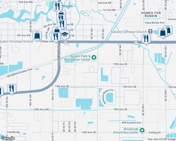 map of restaurants, bars, coffee shops, grocery stores, and more near 1104 Lauren Manor Loop in Ruskin