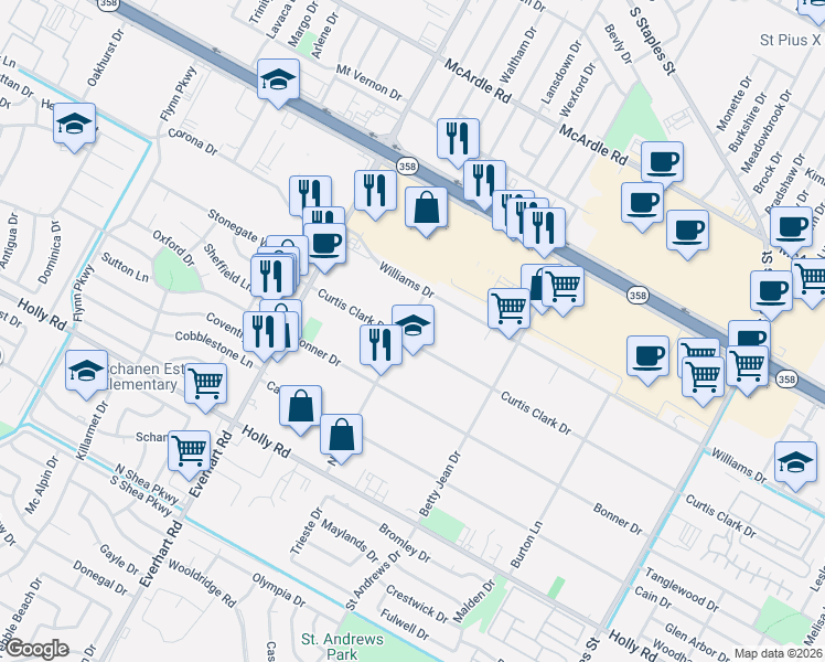 map of restaurants, bars, coffee shops, grocery stores, and more near 5018 Curtis Clark Drive in Corpus Christi