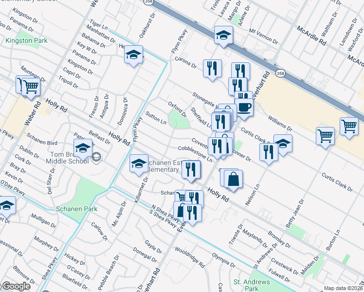 map of restaurants, bars, coffee shops, grocery stores, and more near 4621 Cobblestone Lane in Corpus Christi