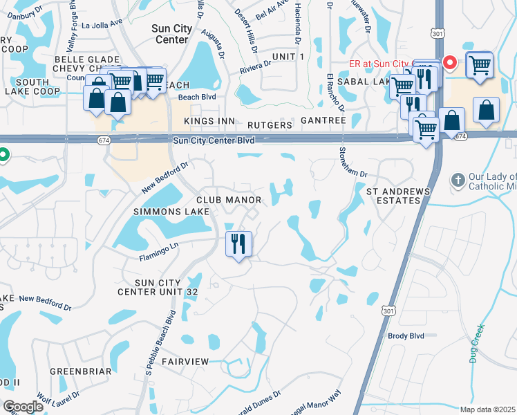 map of restaurants, bars, coffee shops, grocery stores, and more near 325 Faircross Circle in Sun City Center