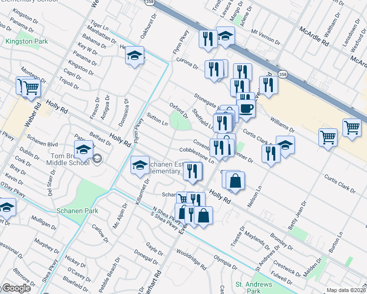 map of restaurants, bars, coffee shops, grocery stores, and more near 4621 Cobblestone Lane in Corpus Christi