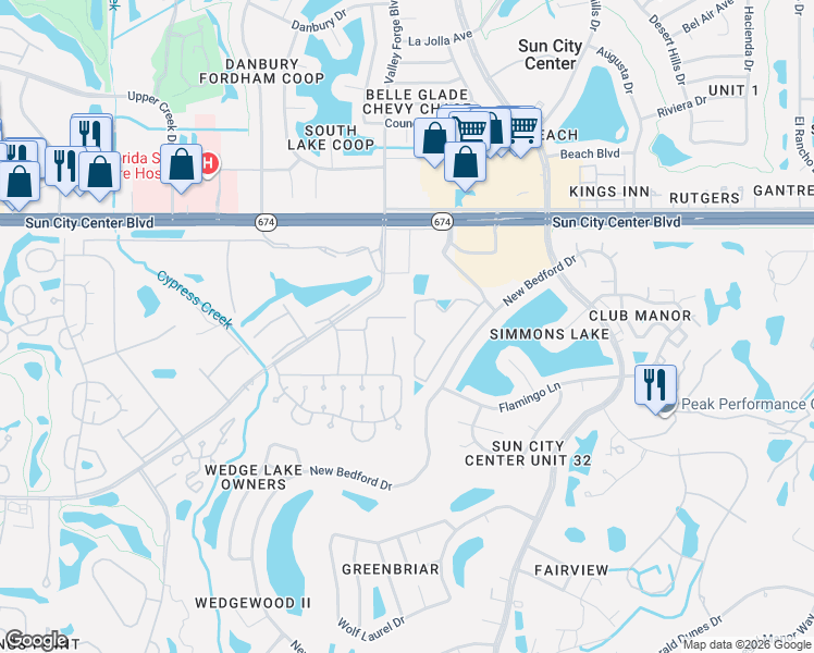 map of restaurants, bars, coffee shops, grocery stores, and more near 249 Courtyard Boulevard in Sun City Center