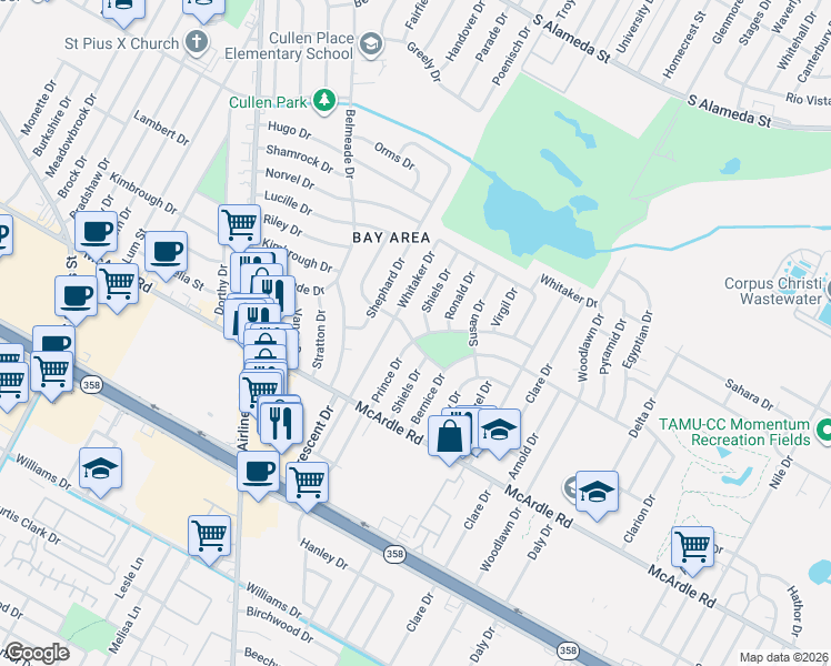 map of restaurants, bars, coffee shops, grocery stores, and more near 1109 Bernice Drive in Corpus Christi