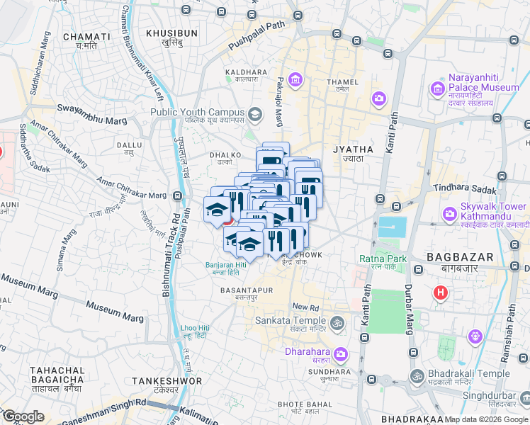 map of restaurants, bars, coffee shops, grocery stores, and more near Chittadhar Marg in Kathmandu