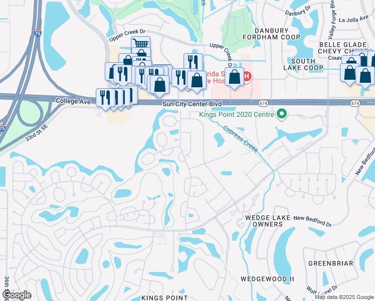map of restaurants, bars, coffee shops, grocery stores, and more near 208 Gloucester Boulevard in Sun City Center