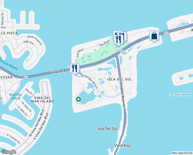 map of restaurants, bars, coffee shops, grocery stores, and more near Bahia Del Mar Boulevard South in St. Petersburg