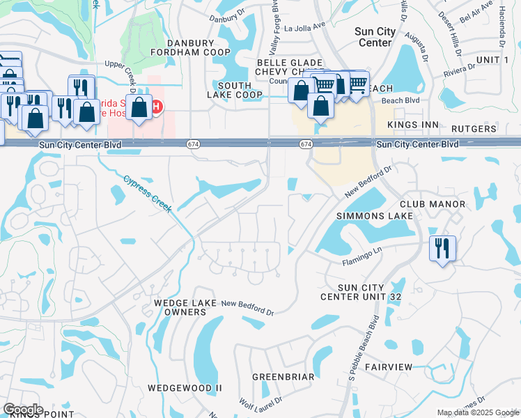 map of restaurants, bars, coffee shops, grocery stores, and more near 201 Bedford Street in Sun City Center