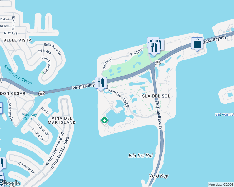 map of restaurants, bars, coffee shops, grocery stores, and more near Bahia Del Mar Boulevard South in St. Petersburg