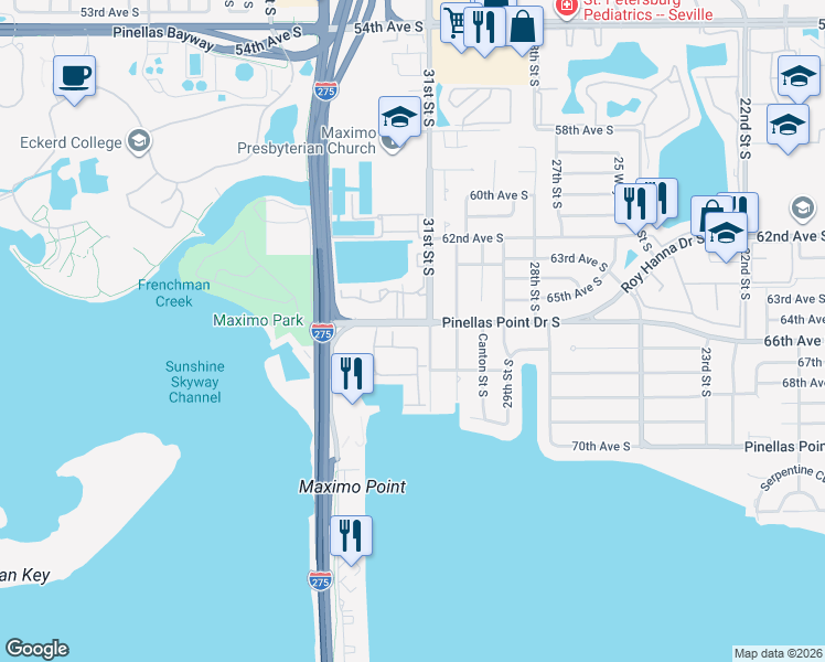 map of restaurants, bars, coffee shops, grocery stores, and more near 6699 31st Way South in St. Petersburg