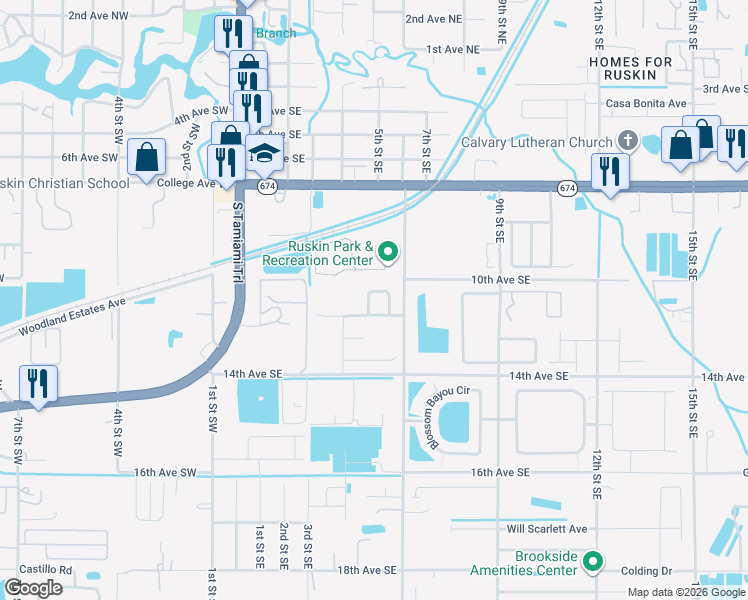 map of restaurants, bars, coffee shops, grocery stores, and more near 1107 Lauren Manor Loop in Ruskin