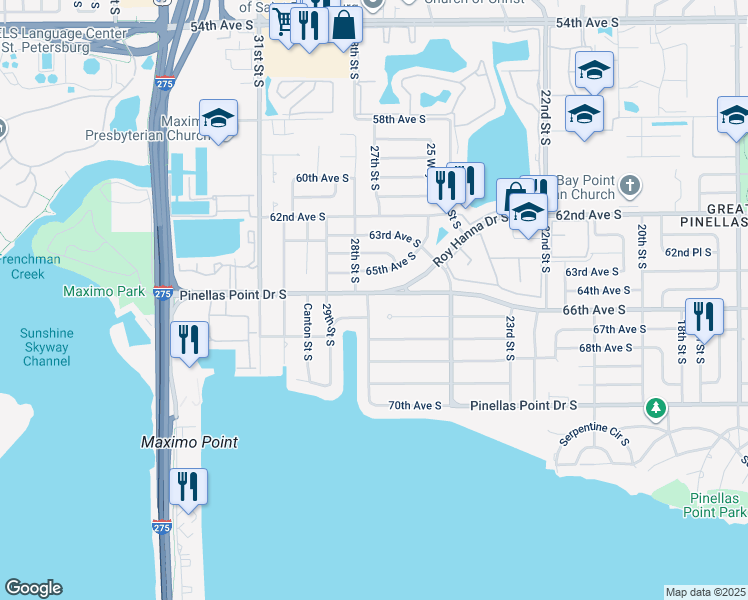 map of restaurants, bars, coffee shops, grocery stores, and more near 2790 Pinellas Point Drive South in St. Petersburg