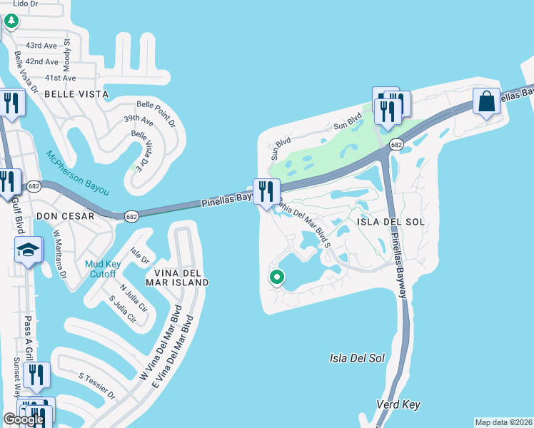 map of restaurants, bars, coffee shops, grocery stores, and more near 5701 Bahia Del Mar Circle in St. Petersburg