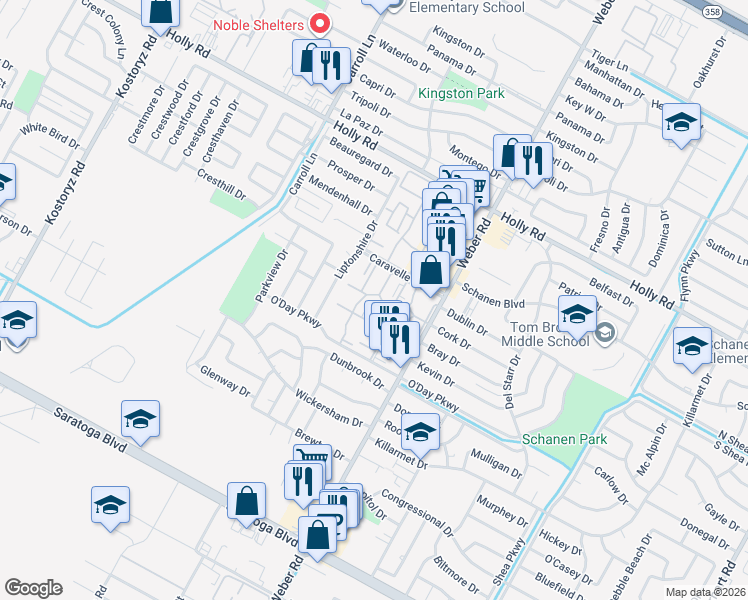 map of restaurants, bars, coffee shops, grocery stores, and more near 3803 Caravelle Parkway in Corpus Christi