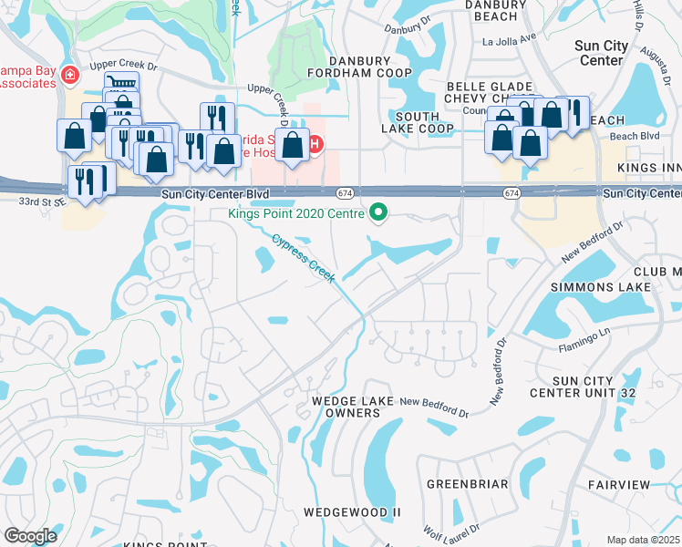 map of restaurants, bars, coffee shops, grocery stores, and more near 202 Cambridge Trail in Sun City Center