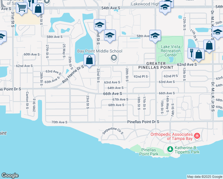 map of restaurants, bars, coffee shops, grocery stores, and more near 2100 64th Avenue South in Saint Petersburg