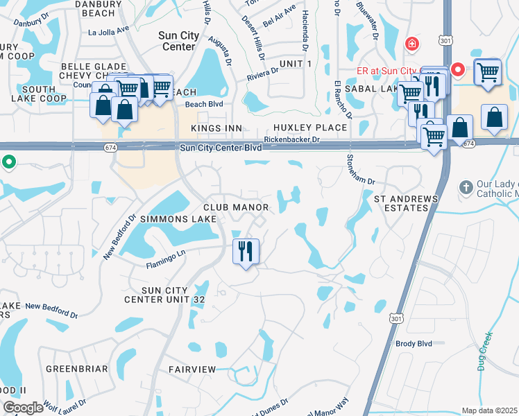 map of restaurants, bars, coffee shops, grocery stores, and more near 346 Clubmanor Drive in Sun City Center