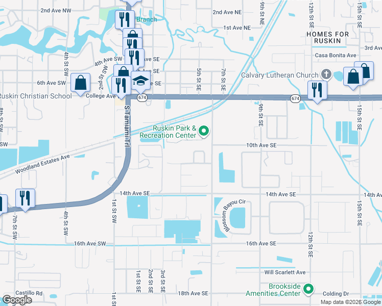 map of restaurants, bars, coffee shops, grocery stores, and more near 1110 Lauren Manor Loop in Ruskin