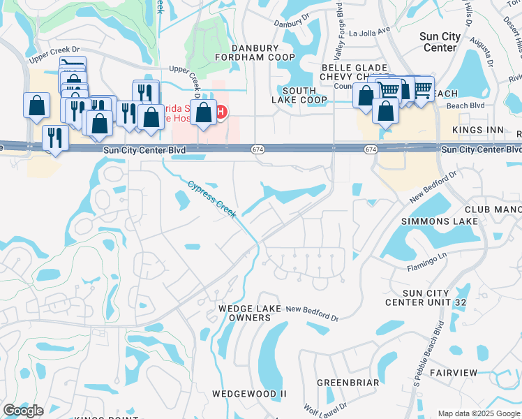 map of restaurants, bars, coffee shops, grocery stores, and more near 202 Cambridge Trail in Sun City Center