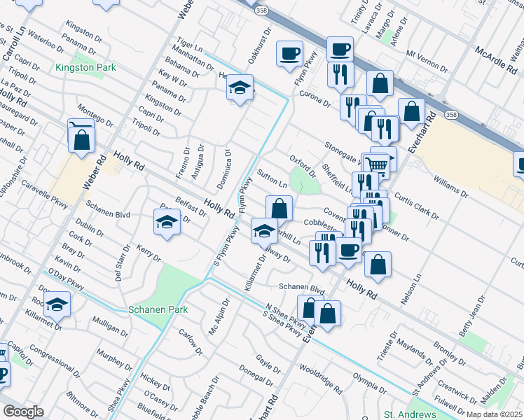 map of restaurants, bars, coffee shops, grocery stores, and more near 4422 Cobblestone Lane in Corpus Christi