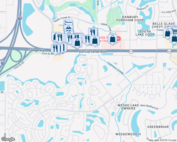 map of restaurants, bars, coffee shops, grocery stores, and more near 124 Gloucester Boulevard in Sun City Center