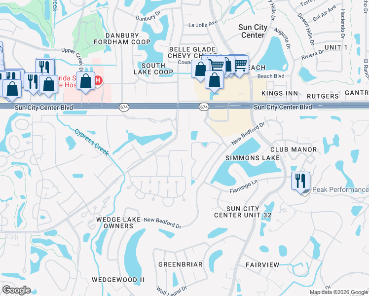 map of restaurants, bars, coffee shops, grocery stores, and more near 1801 Bedford Terrace in Sun City Center
