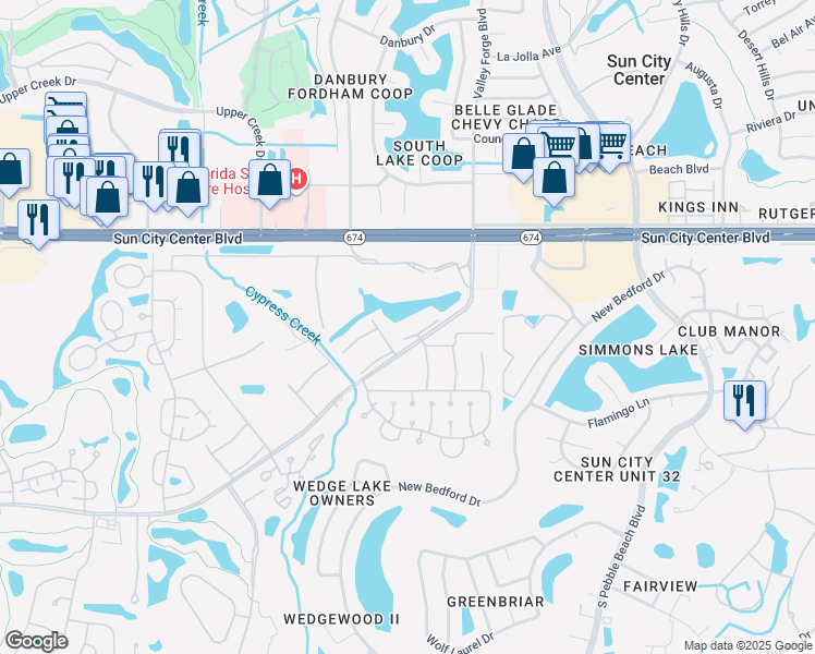 map of restaurants, bars, coffee shops, grocery stores, and more near 201 Kings Boulevard in Sun City Center