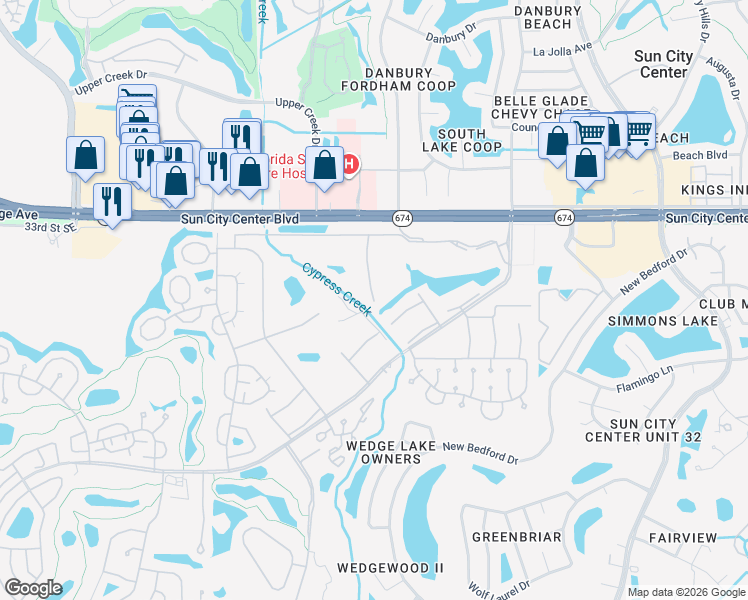 map of restaurants, bars, coffee shops, grocery stores, and more near 196 Cambridge Trail in Sun City Center