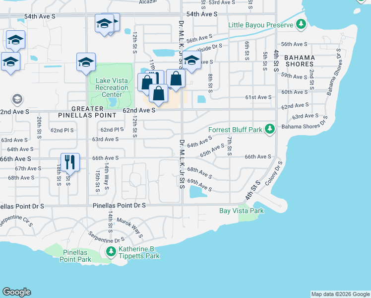 map of restaurants, bars, coffee shops, grocery stores, and more near 871 64th Avenue South in St. Petersburg