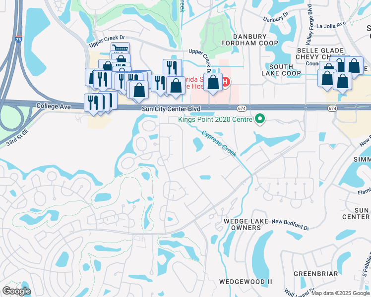 map of restaurants, bars, coffee shops, grocery stores, and more near 1905 Canterbury Lane in Sun City Center