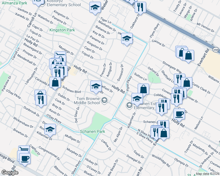 map of restaurants, bars, coffee shops, grocery stores, and more near 4306 Belfast Drive in Corpus Christi