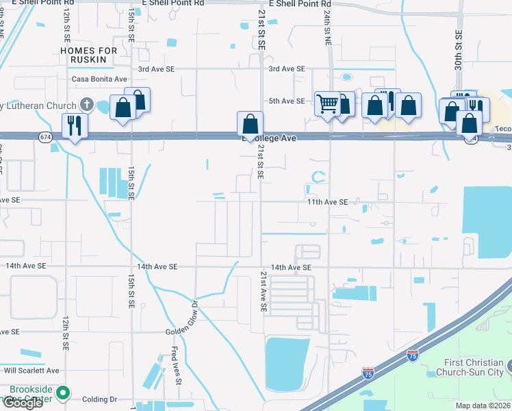 map of restaurants, bars, coffee shops, grocery stores, and more near 2029 Peaceful Palm Street in Ruskin