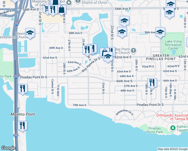 map of restaurants, bars, coffee shops, grocery stores, and more near 2495 66th Avenue South in St. Petersburg