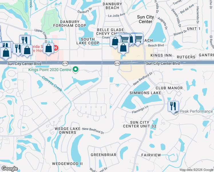 map of restaurants, bars, coffee shops, grocery stores, and more near 1801 Bedford Terrace in Sun City Center
