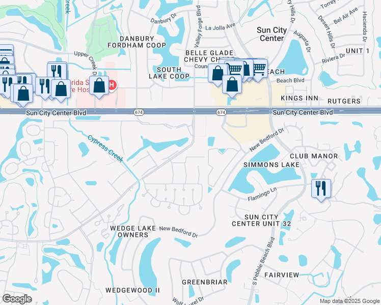 map of restaurants, bars, coffee shops, grocery stores, and more near 1801 Bedford Terrace in Sun City Center