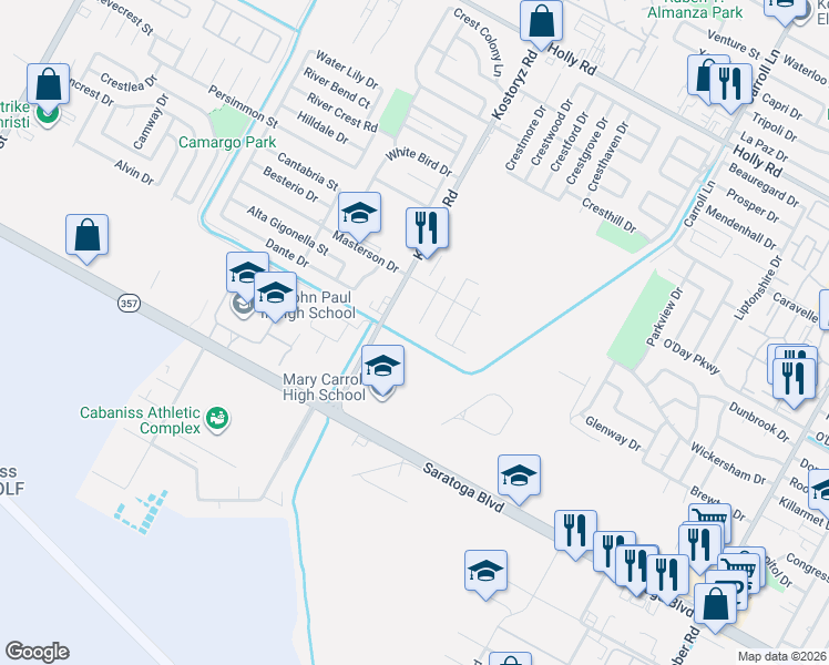 map of restaurants, bars, coffee shops, grocery stores, and more near 6237 Angelique Court in Corpus Christi