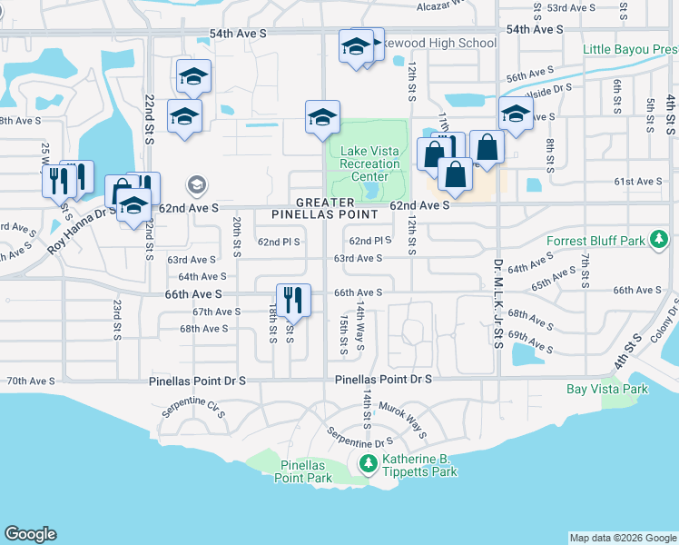 map of restaurants, bars, coffee shops, grocery stores, and more near 6377 15th Street South in St. Petersburg