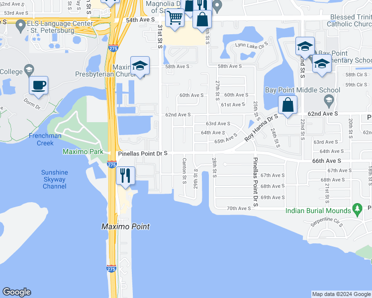 map of restaurants, bars, coffee shops, grocery stores, and more near 2925 Pinellas Point Drive South in Saint Petersburg