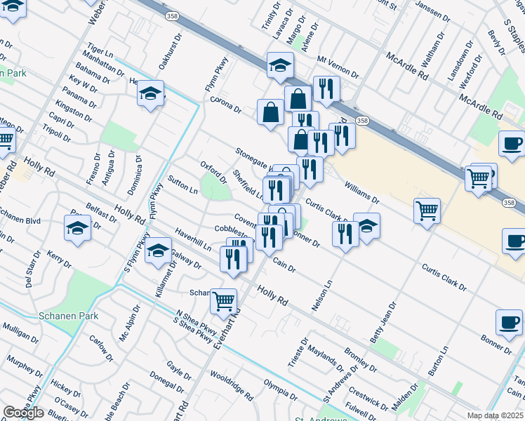 map of restaurants, bars, coffee shops, grocery stores, and more near 5438 Stonegate Way in Corpus Christi
