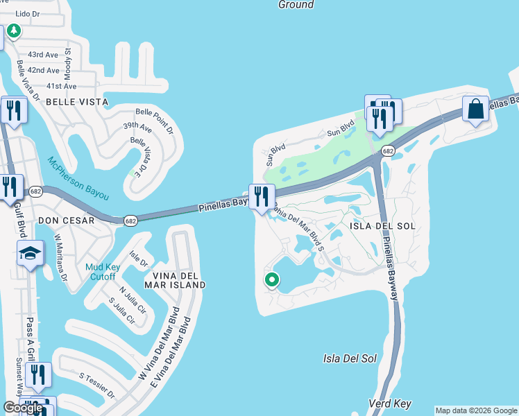 map of restaurants, bars, coffee shops, grocery stores, and more near 5701 Bahia Del Mar Circle in St. Petersburg