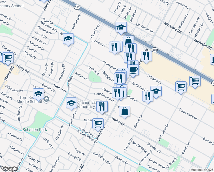 map of restaurants, bars, coffee shops, grocery stores, and more near 4641 Bonner Dr in Corpus Christi