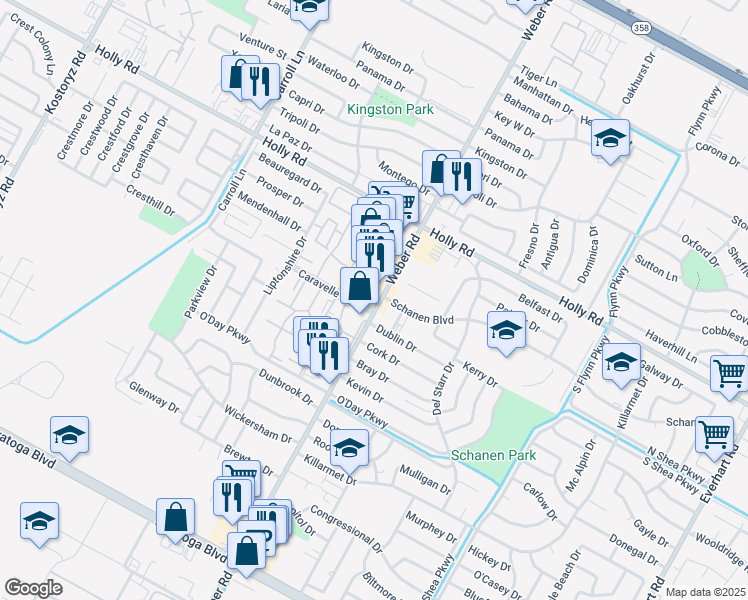 map of restaurants, bars, coffee shops, grocery stores, and more near 5875 Weber Road in Corpus Christi